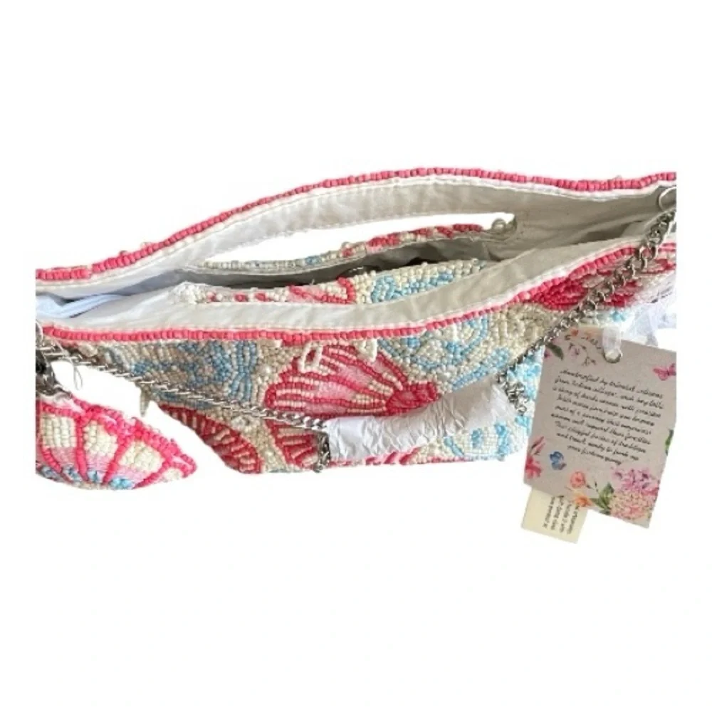 Seashell Hand Beaded in India Clutch, Multicolor, Detachable Charm & Chain.